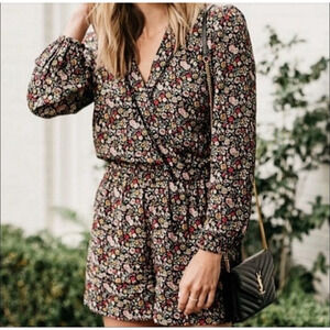 Ann Taylor LOFT Garden Wrap Romper Floral Print Long Sleeve Pockets XS Petite